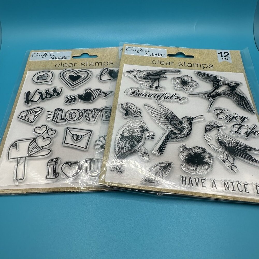 Crafter's Square Clear Stamps 2 Sets Valentine Hearts Love Birds Have a Nice Day
